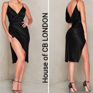 Women's House of CB Black Satin Midi Dress S wrap high slit Cowl neck low back
